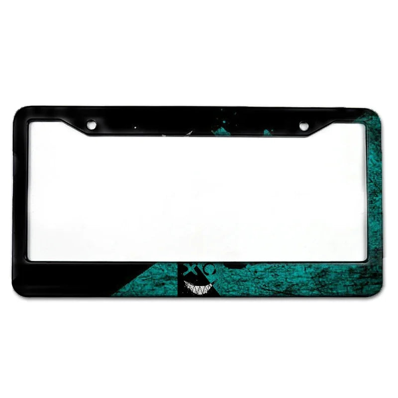 Black license plate frame with a distressed teal graphic design.