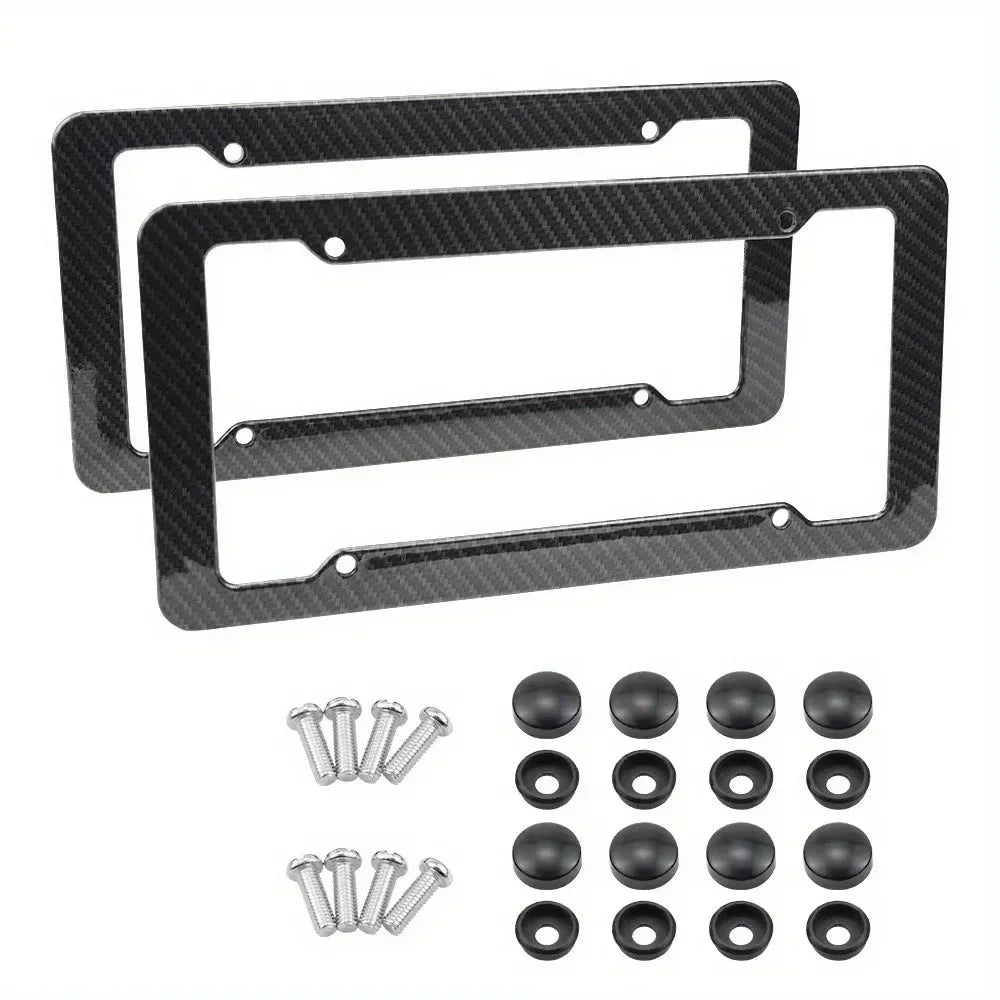 Black carbon fiber license plate frame with mounting hardware and screws