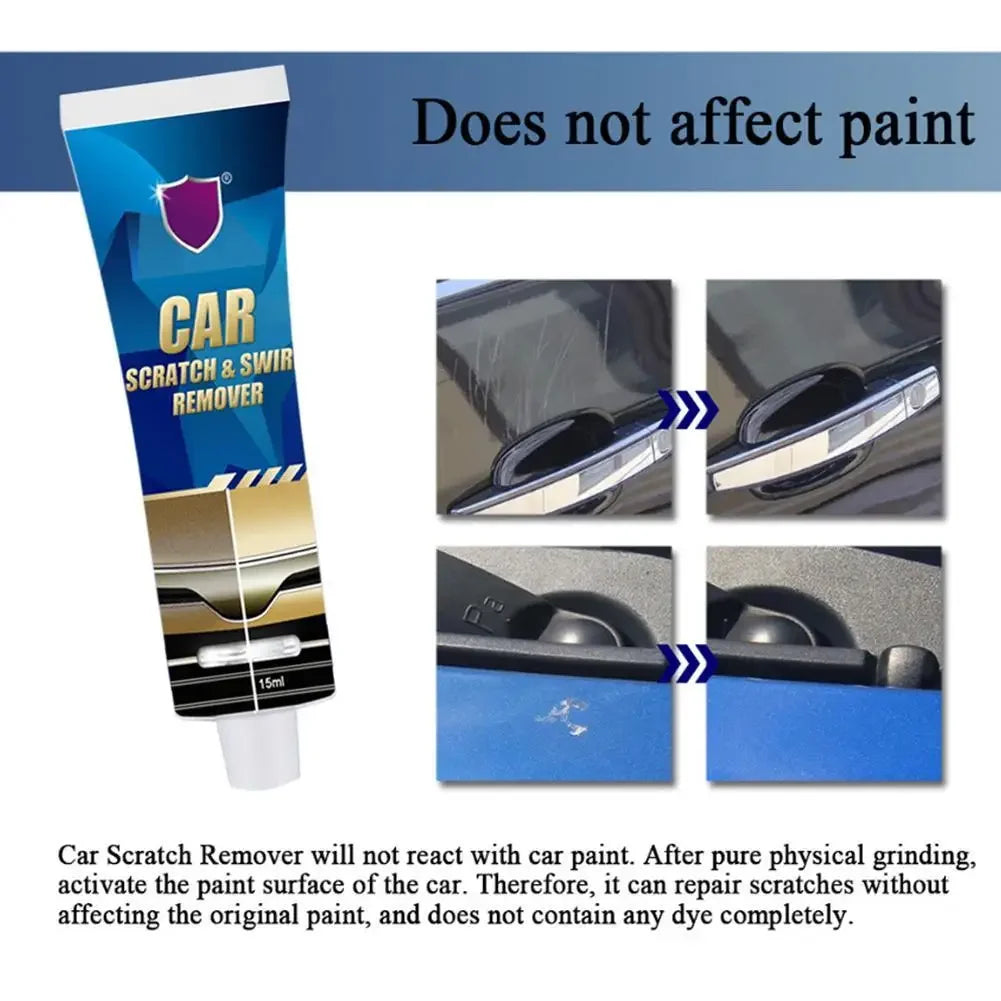 A tube of Car Scratch & Swirl Remover polish with usage instructions and demonstration of its effect on car paint.
