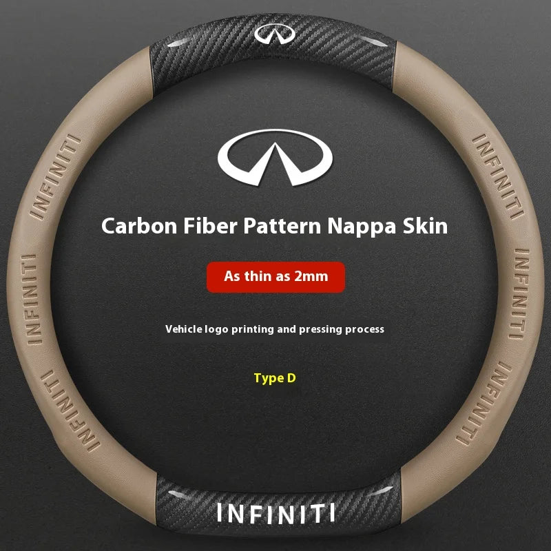 A close-up view of a carbon fiber patterned Nappa skin steering wheel cover for an Infiniti vehicle.