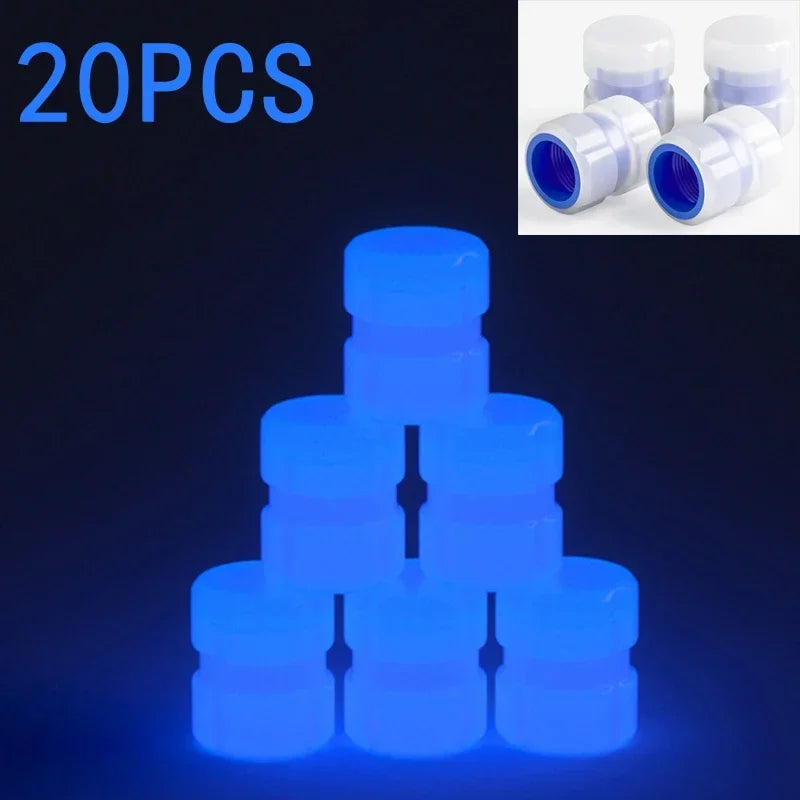 20 bouchons de valve bleus lumineux empilés en pyramide