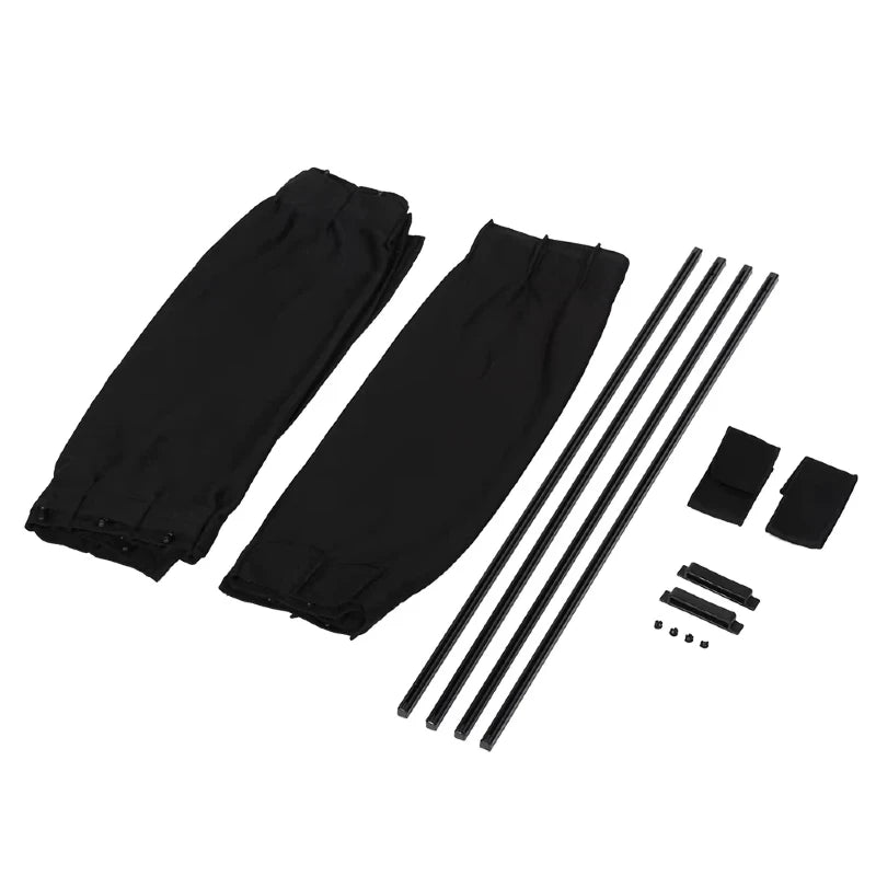 Black universal car sun shade side window curtain with mounting rods and brackets