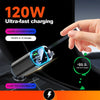 A hand holds a black retractable car charger with a digital voltage display, showing 89.9% charge.