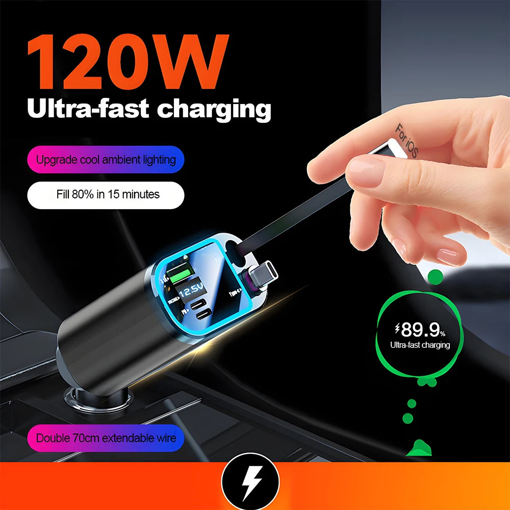 A hand holds a black retractable car charger with a digital voltage display, showing 89.9% charge.