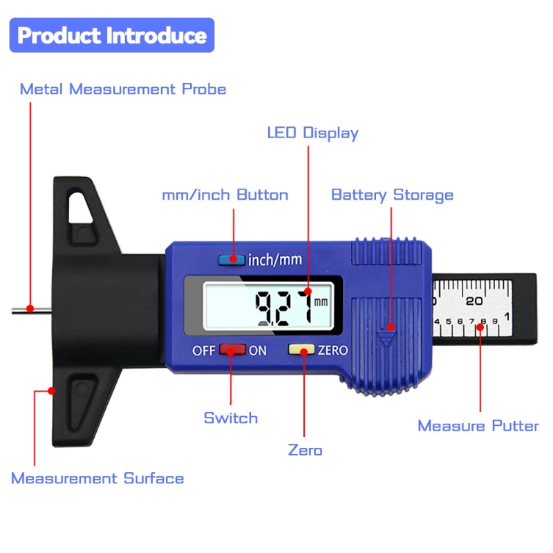 A blue digital metal measurement probe with an LED display and battery storage is shown next to a measurement surface.