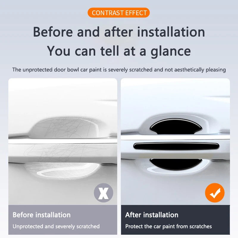 Before and after comparison showing a car door handle with scratches before and after protection installation
