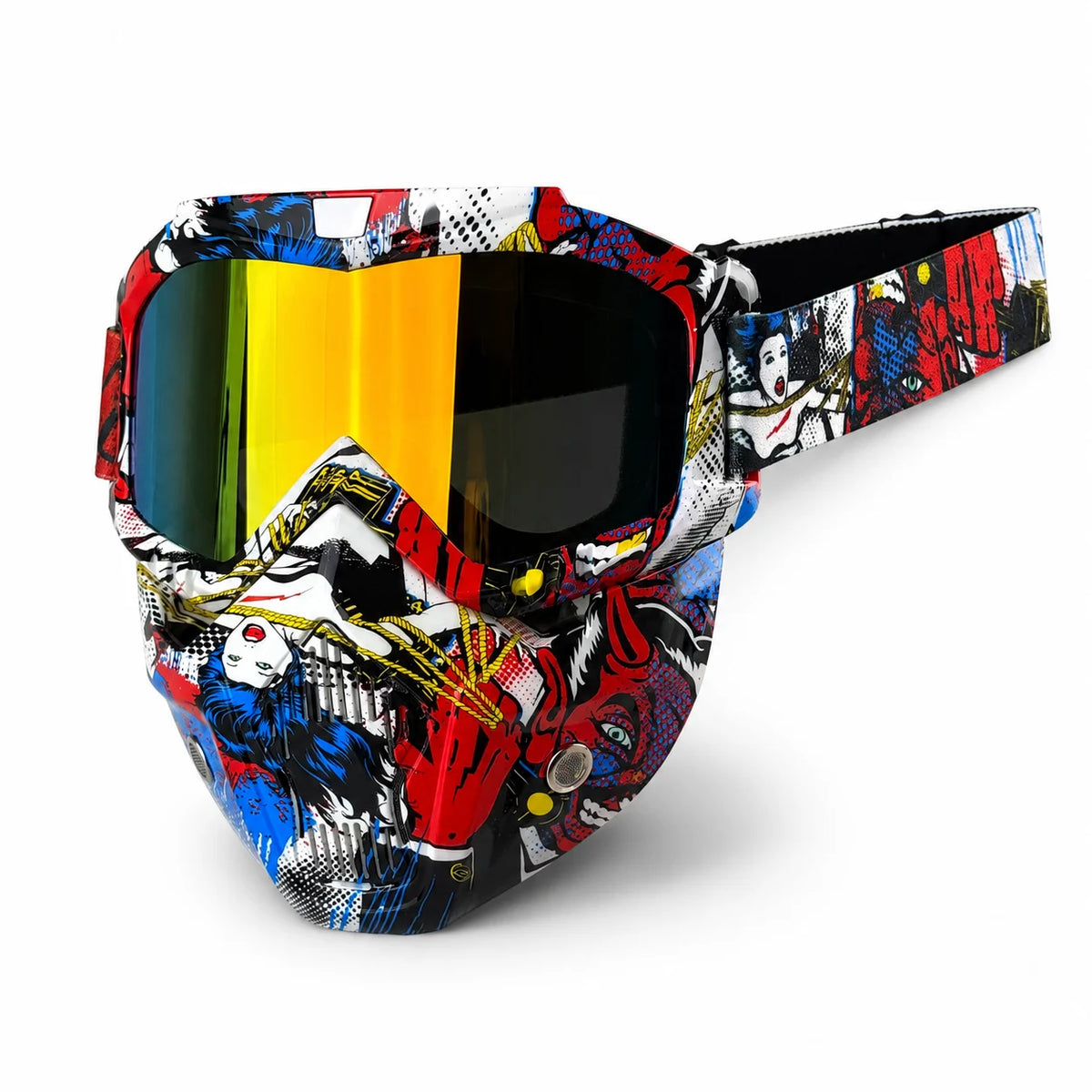Tactical full face motorcycle goggles featuring a vibrant, multi-colored lens and an aggressive, patterned frame.