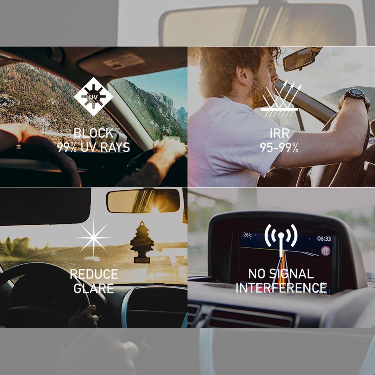 Diagram showing the benefits of heavy-duty car window tint film including UV blocking, IRR, and interference reduction.