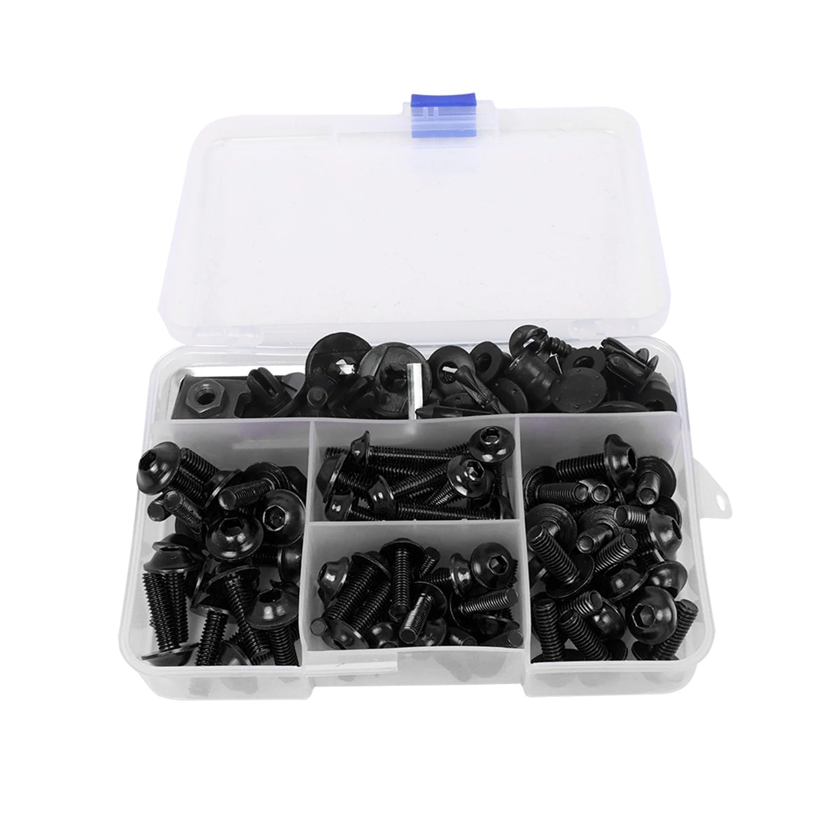 A clear plastic box containing a set of black motorcycle fairing bolts and screws.