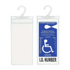 A clear plastic license plate holder with a hanging strap and information for a disabled parking identification permit