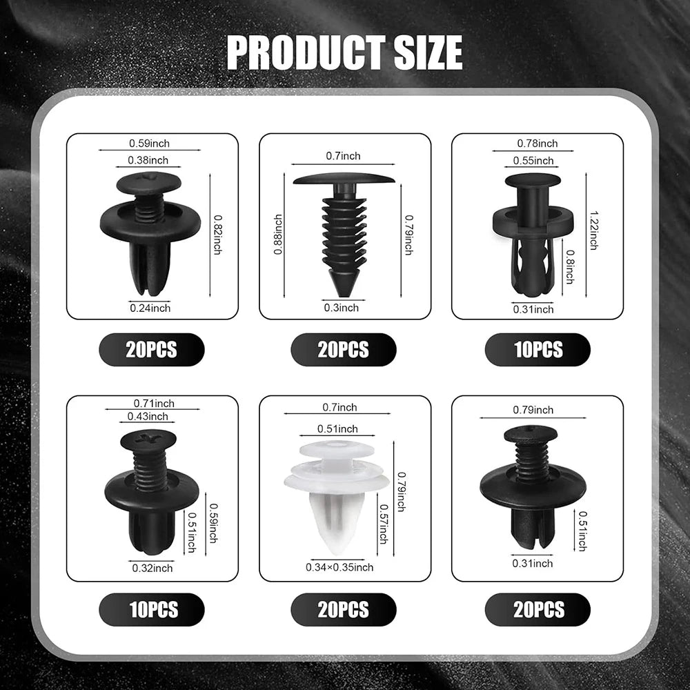A grid showing various sizes of universal auto fastener clips for car body trim in different quantities.