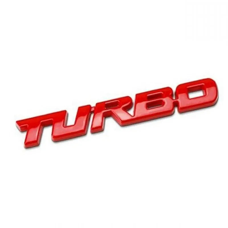A red 3D metal alloy turbo badge for car modification.