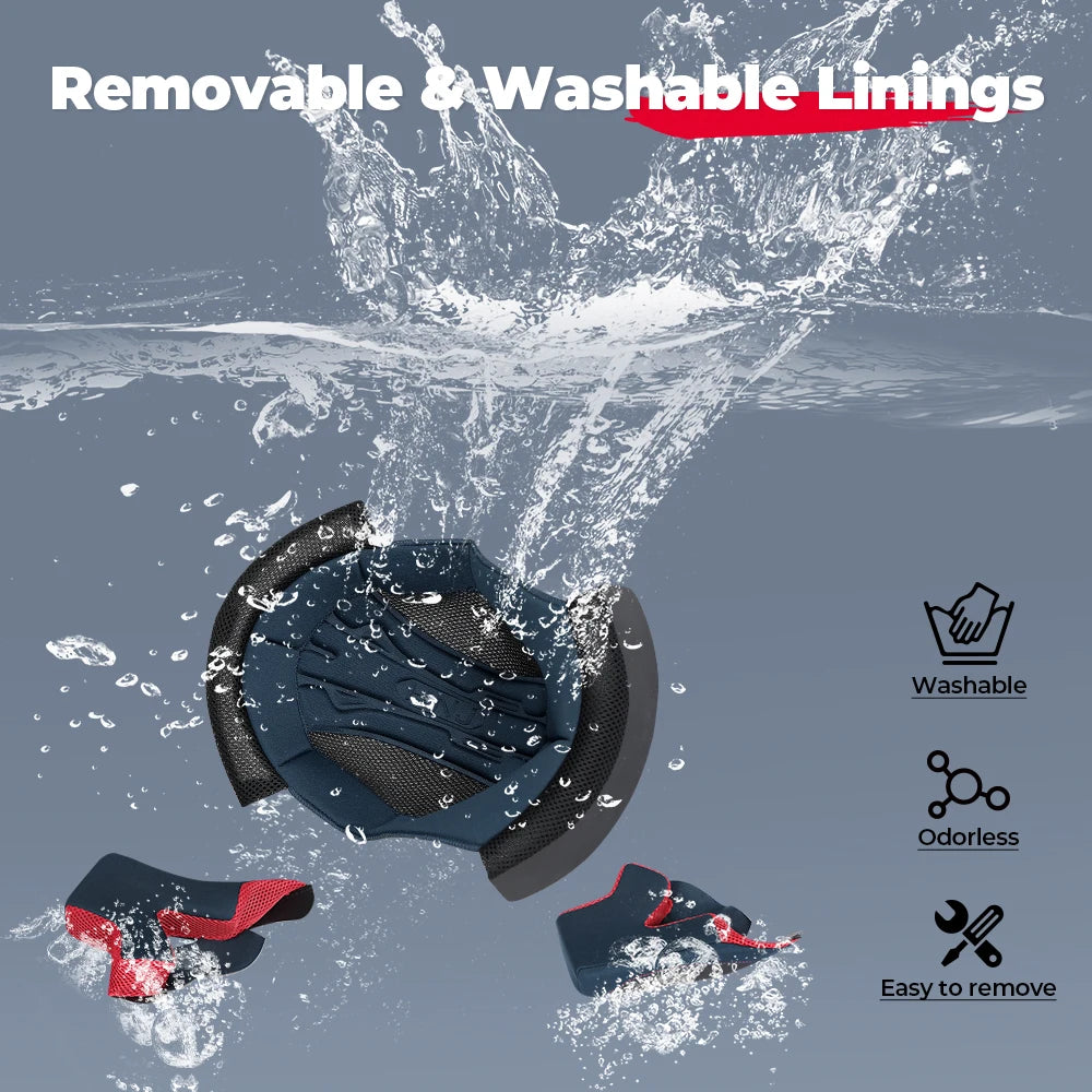A dark blue motorcycle helmet with removable and washable linings being washed under water.