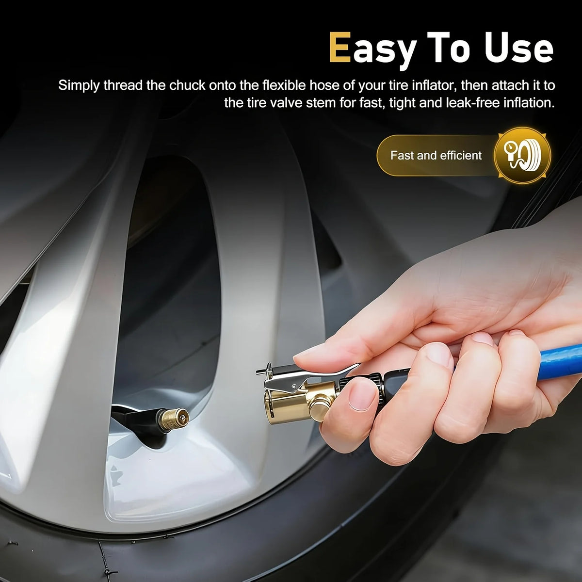 A hand is threading a brass valve connector onto a tire inflator hose for leak-free inflation.