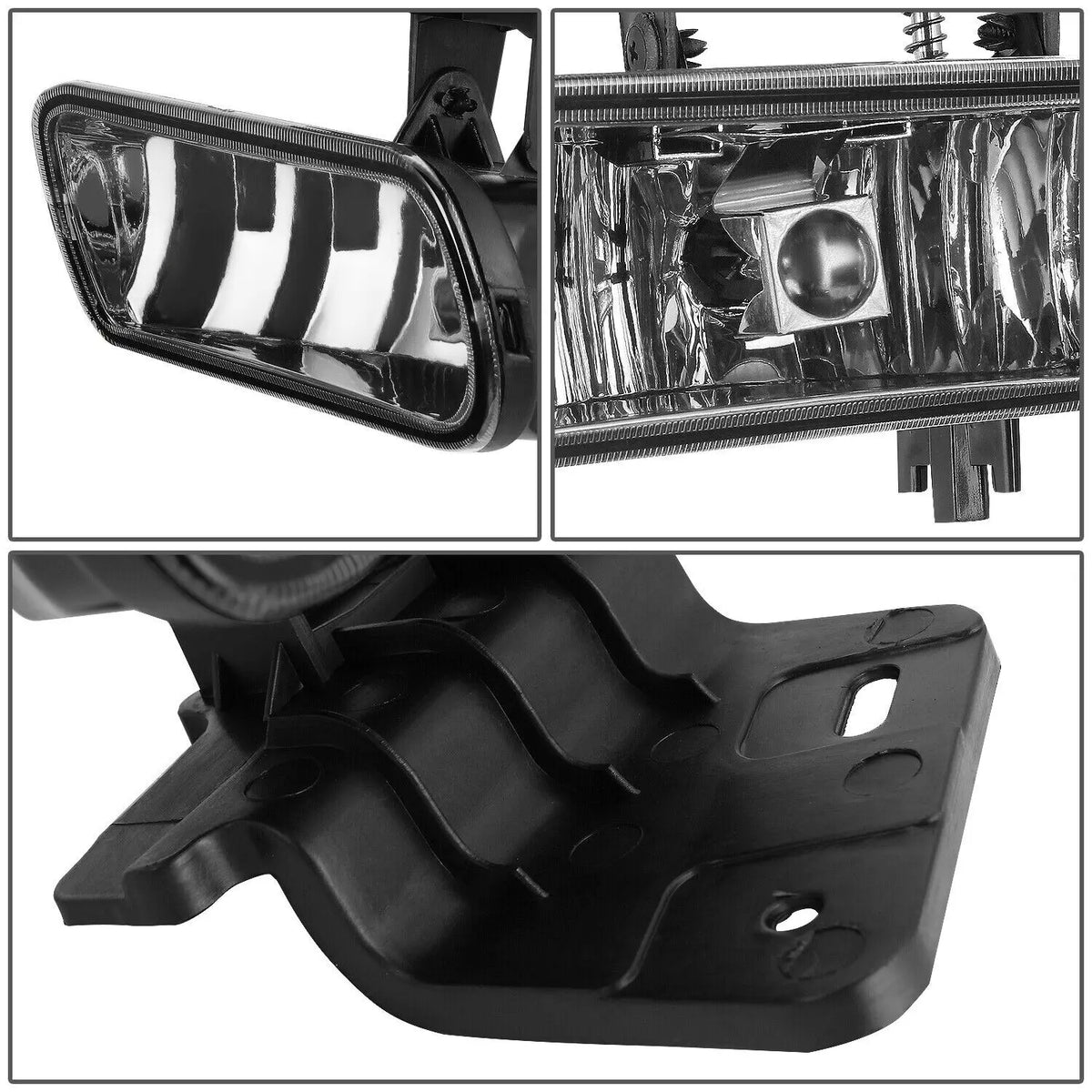 A clear lens fog light assembly with a black housing and mounting bracket for a Chevy Silverado, Suburban, or Tahoe.