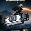 A silver dash camera with a lens is shown against a dark, mountainous background, illustrating 1080P HD recording features.