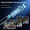 A borescope shows a magnified view of internal machinery using 2X optical zoom and 3-step magnification.