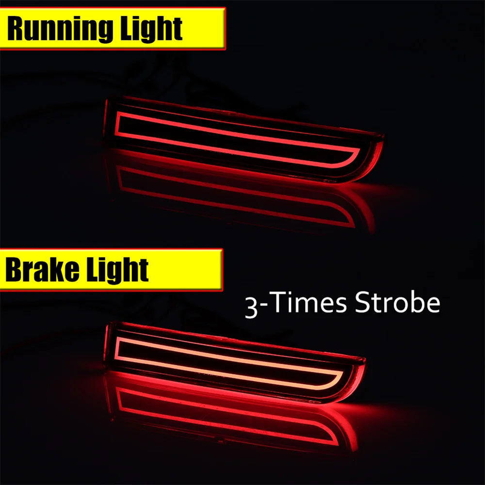 Red LED running and brake lights with 3-times strobe effect mounted on a vehicle bumper.