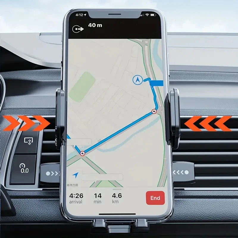 A smartphone displaying a navigation map and driving stats is mounted on a car's dashboard.