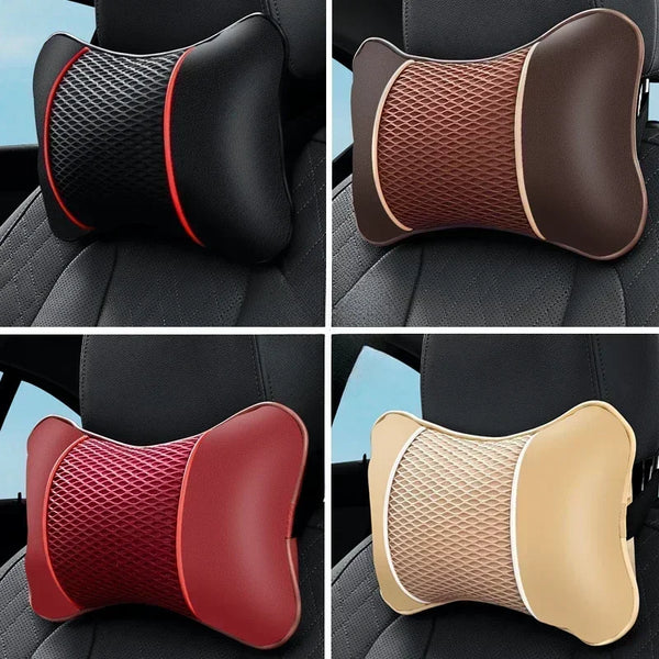 Four views of ergonomic leather headrest and neck support cushions in black, brown, and red colors.