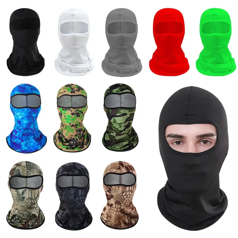 A collection of various camouflage and solid colored balaclava face masks for motorcycling.