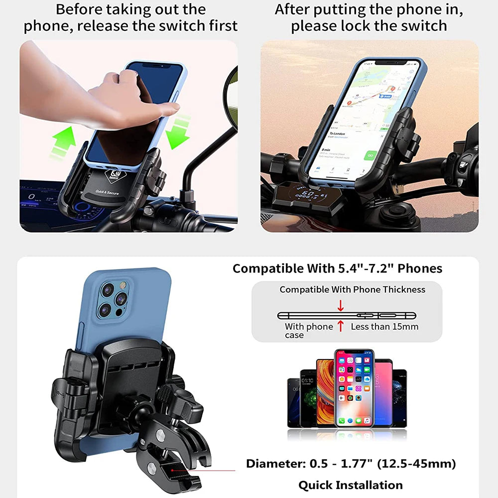Support universel pour téléphone de moto avec serrage rapide pour téléphones de 5,4 à 7,2 pouces.