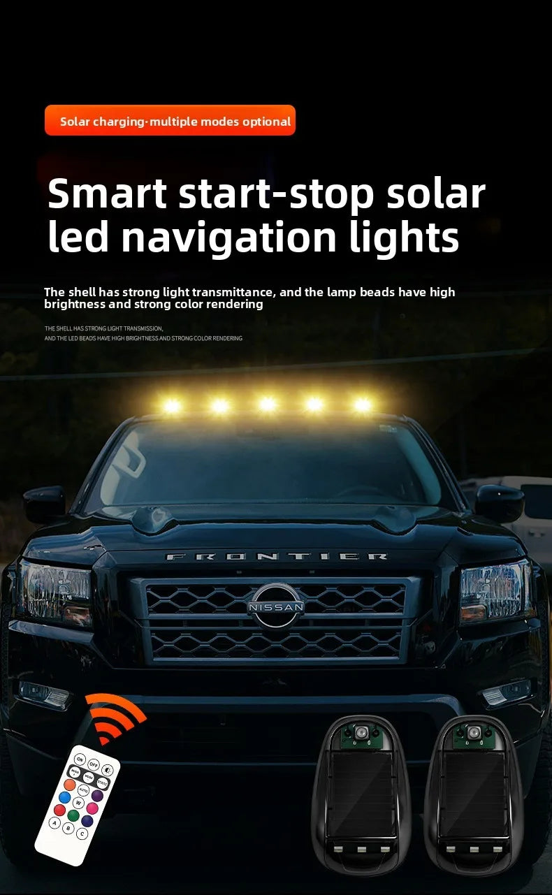 Smart Start-Stopp-Solar-LED-Navigationslichter installiert auf der Frontgrill eines Nissan-Fahrzeugs.