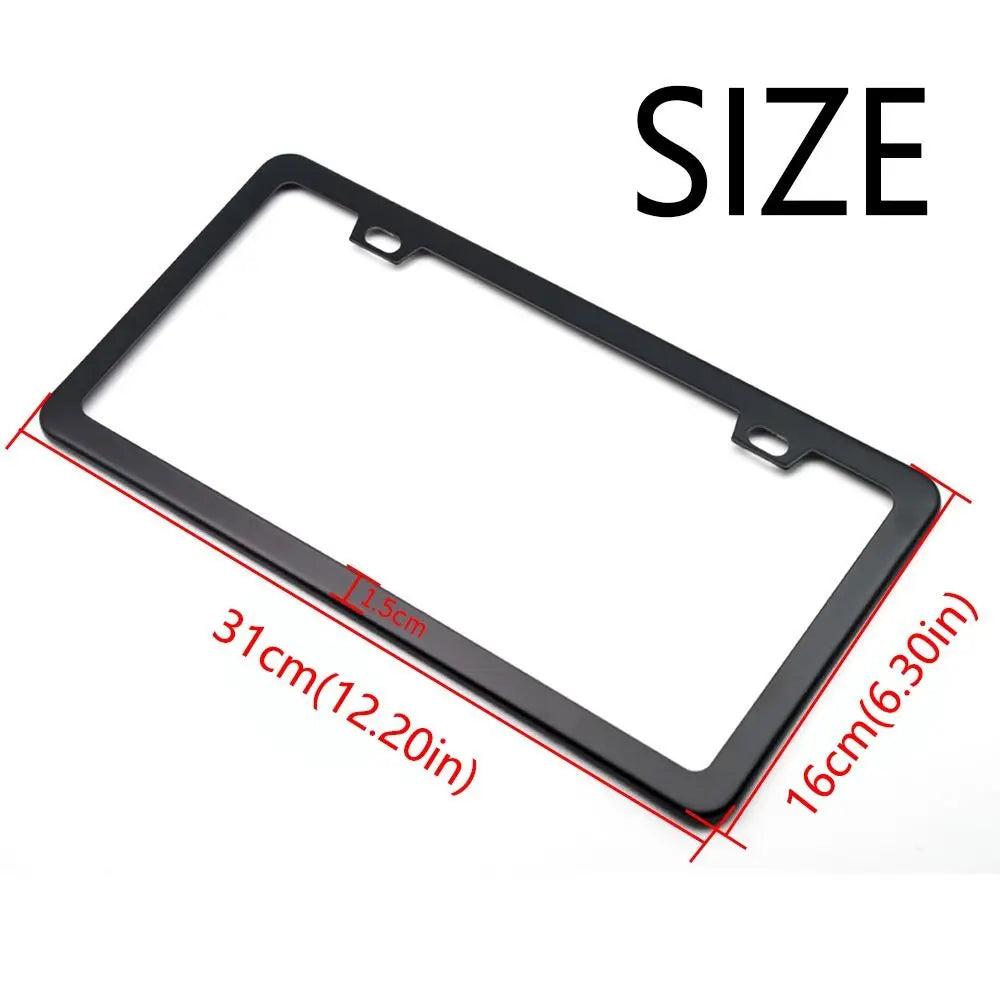 Black stainless steel car license plate frame set shown with dimensions