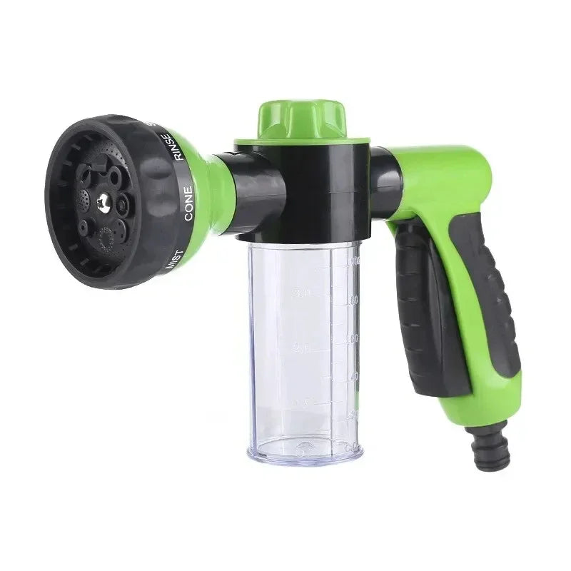 A bright green high pressure foam lance car wash sprayer with a clear plastic bottle and black components.