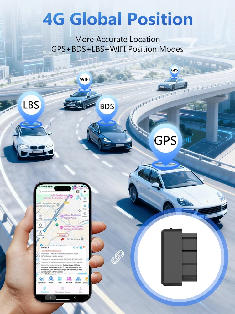 A hand holds a smartphone displaying GPS location data, set against a background of cars and a highway.