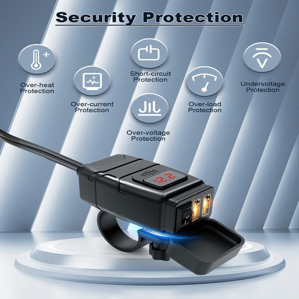 محول شاحن USB دراجة نارية أسود مع ميزات حماية مختلفة موضحة حوله.