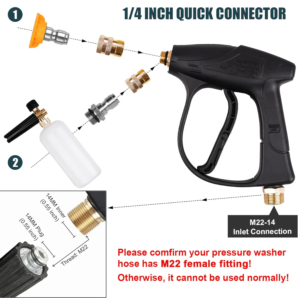 A professional high-pressure cleaning gun with a 1/4 inch quick connector and an M22-14 inlet connection fitting.