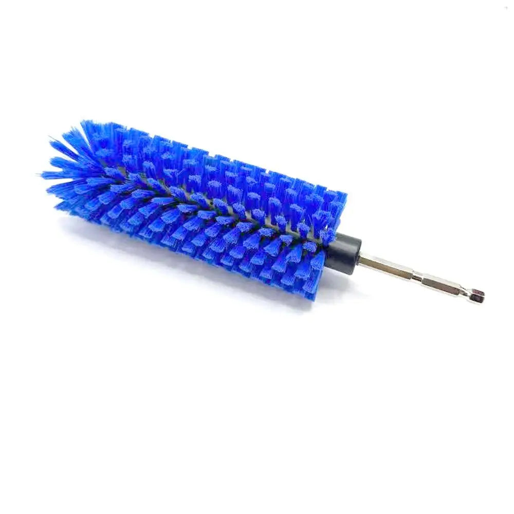 A close-up view of a blue drill brush used for cleaning wheels and tires.