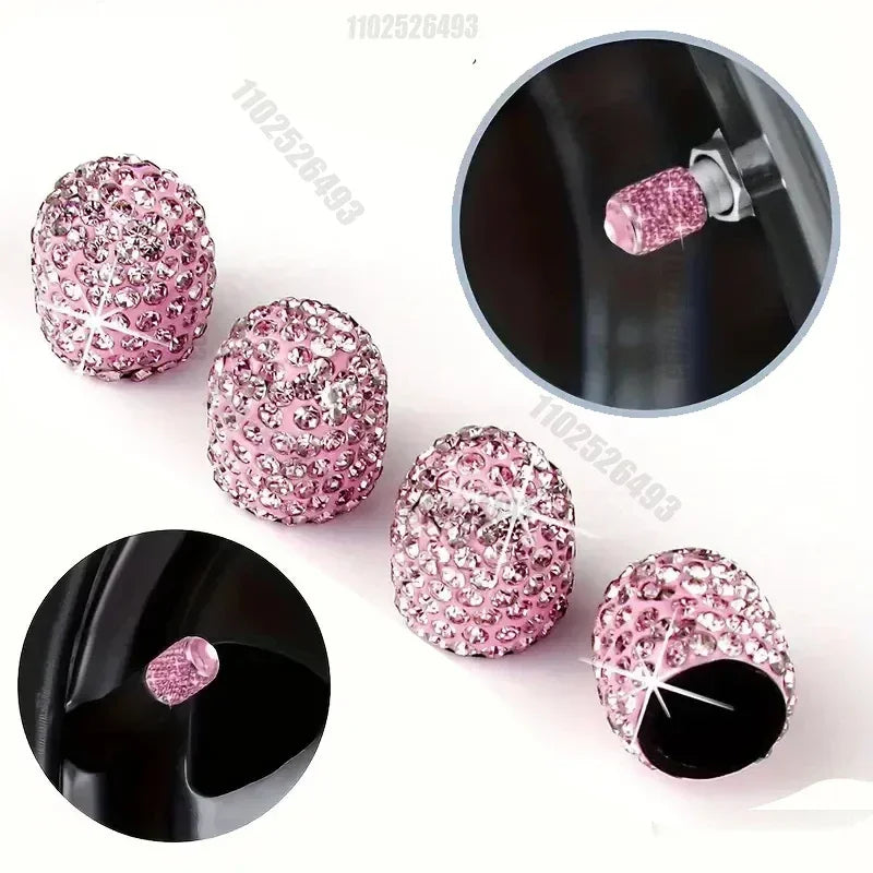 A set of pink crystal diamond finish tire valve caps shown with a close-up view and a separate cap.
