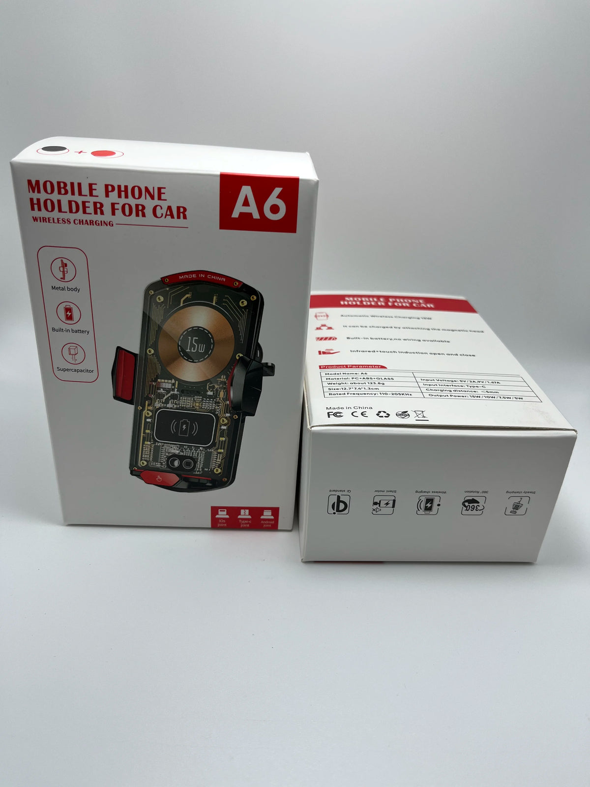 A box for a Mobile Phone Holder for Car with a magnetic wireless charging device inside.