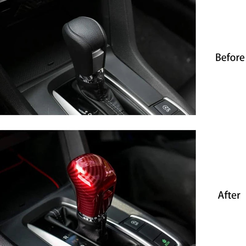 Before and after comparison of a carbon fiber gear shifting knob cover for a Honda Civic