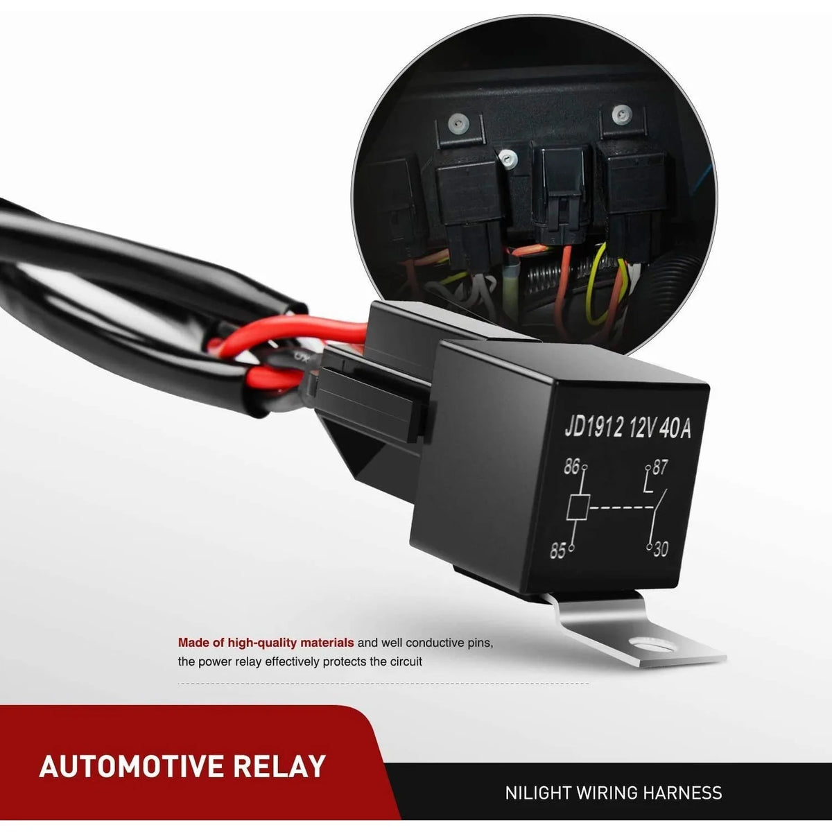 Module de relais automobile noir avec connecteur de faisceau de câbles et spécifications électriques