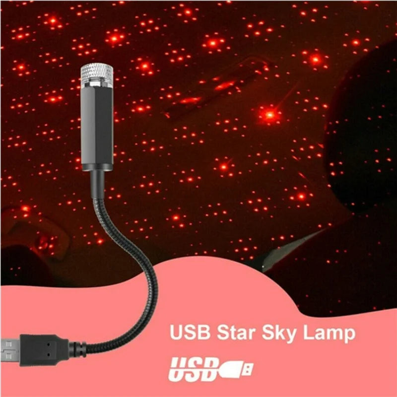 A USB Star Sky Lamp is shown with a connector and cable against a dark red background.