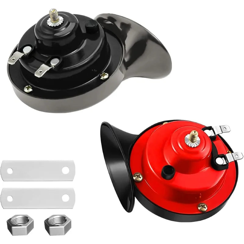 A black snail horn assembly with mounting hardware and a red horn component shown in various parts.