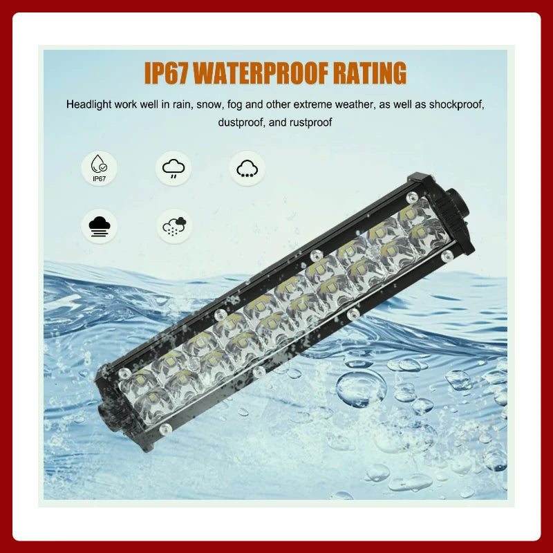 An LED light bar is shown submerged in water, demonstrating its IP67 waterproof rating.