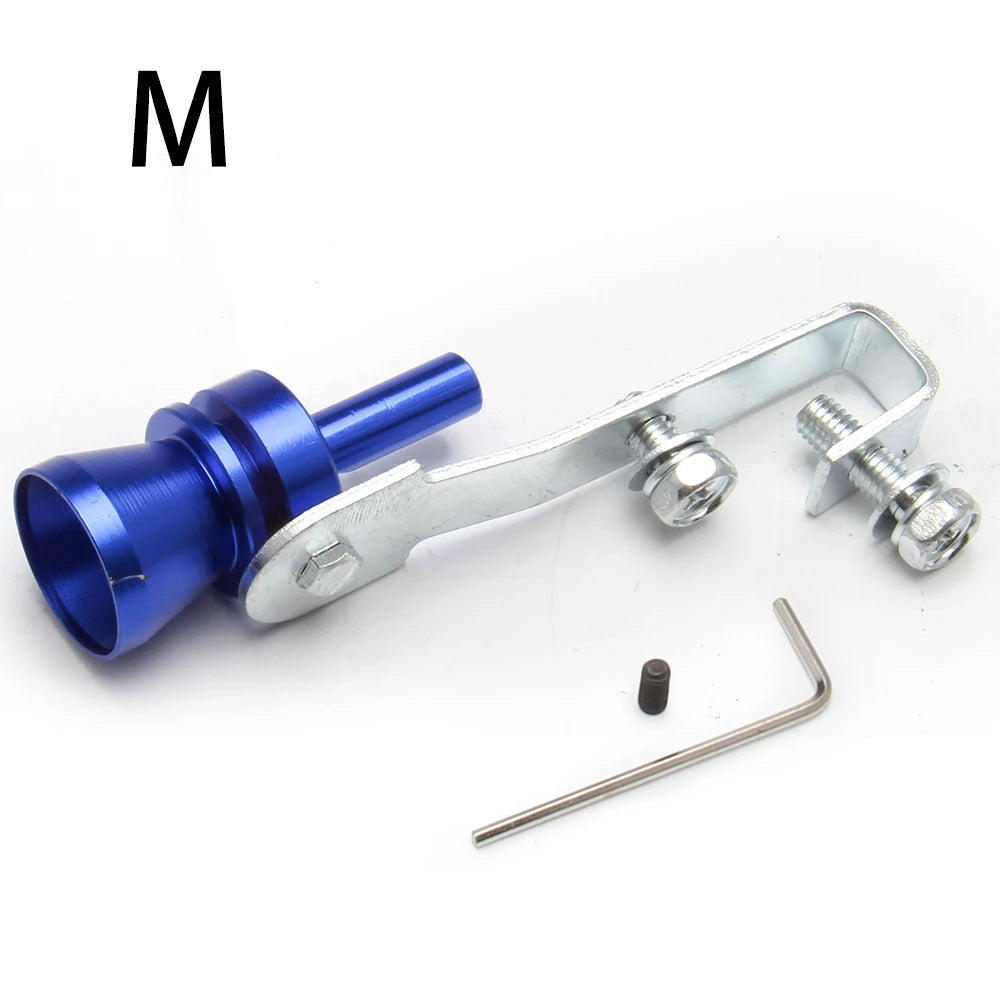 A blue universal turbo exhaust whistle with a metal mounting bracket and a small metal piece.