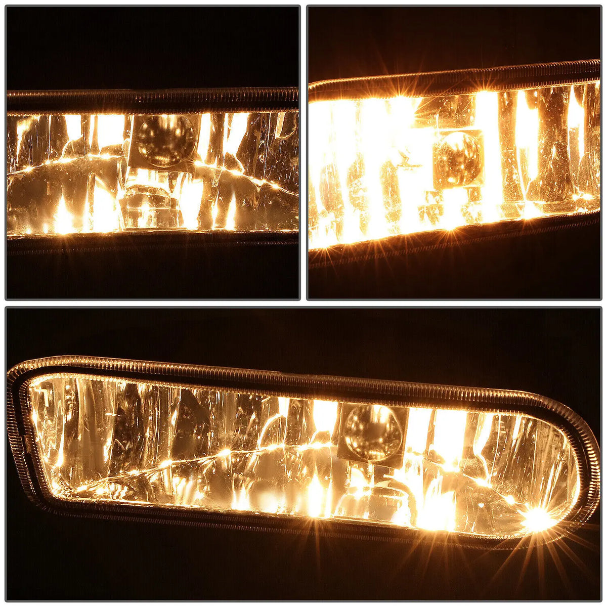 A pair of clear lens fog light assemblies for Chevy Silverado, Suburban, and Tahoe, showing bright illumination.