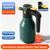 A green high-pressure electric foam sprayer bottle with a black handle and yellow switch, showing upgrade features.