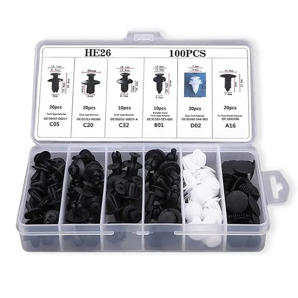 Un jeu de clips de maintien pour garnitures de portes de voiture, en différentes tailles et couleurs, emballés dans une boîte