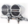 A chrome motorcycle speaker system with two round speakers featuring the AOVEISE brand name.