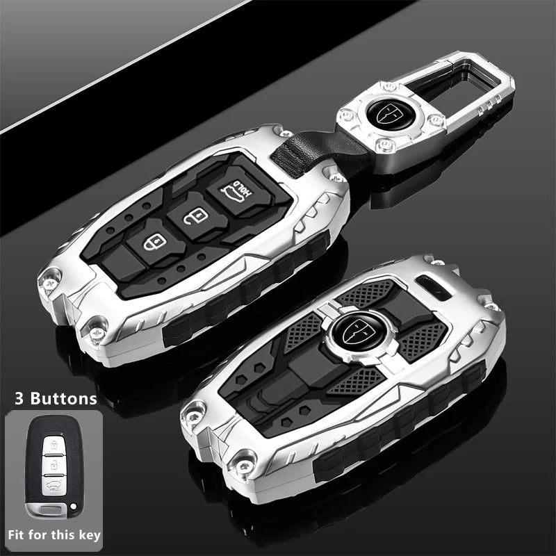 Silver universal car key fob cover for Hyundai and Kia models shown in various angles