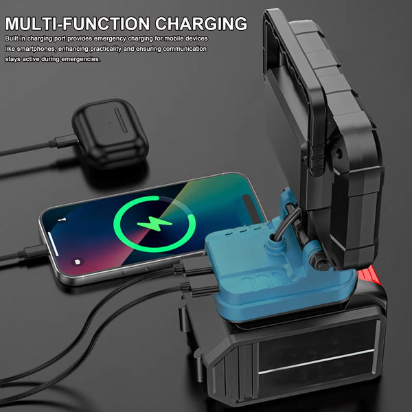 A portable LED work light is shown with a charging port connected to a smartphone.