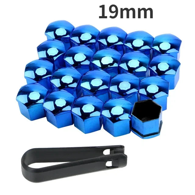 A set of 19mm blue car wheel nut protection covers and a black tool.