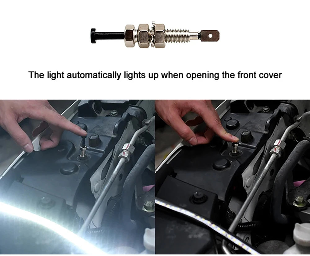 Under hood LED work light with automatic on/off switch shown being opened and illuminated.
