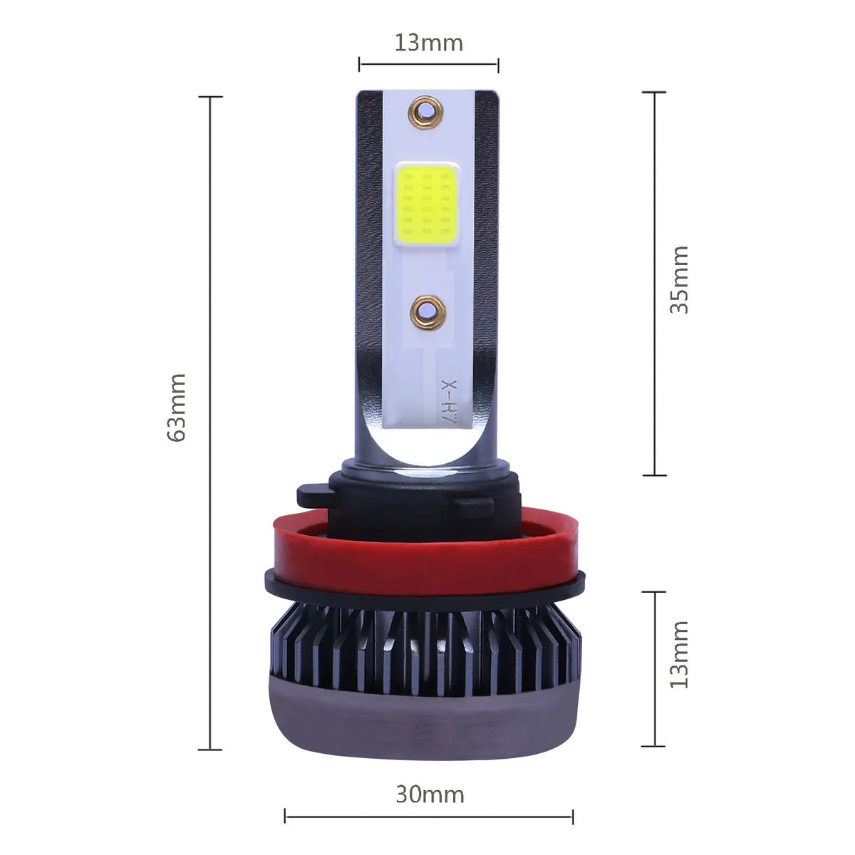 Vertikale Ansicht einer Hochleistungs-LED-Auto-Scheinwerfer-Glühbirnenbaugruppe mit schwarzem Gehäuse und gelbem Lichtelement